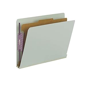Smead 100% Recycled End Tab Pressboard Classification File Folder with SafeSHIELD Fasteners, 1 Divider, 2″ Expansion, Letter Size, Gray/Green, 10 per Box (26800)