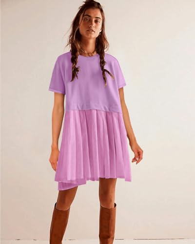 Image of SAUKOLE Womens Summer Crew Neck Short Sleeve Dress Patchwork Pleated A Line Beach Mini Dress