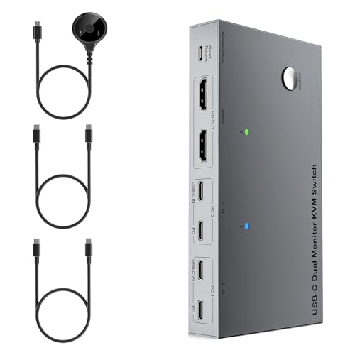 Conmutador KVM USB C 4K 60Hz que comparte 2 monitores entre 2 computadoras portátiles con carga de 80 W y transferencia de datos de 5 Gbps para portátiles, doble monitor KVM Switcher USB C