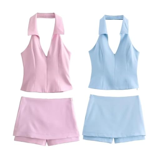 Women Party Casual Sexy Open Back Hanging Neck Shirt Style Top Skirt Set Skirt Shorts Set2