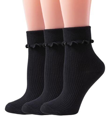 Image of Womens Ruffle Socks Fashion Breathable Solid Color Turn-Cuff Cute Girls Ankle Socks 3 Pairs