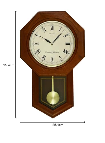 Image of Seiko Elegant Vertical Pendulum Brown Wooden Analog Musical Home Decor Roman Figure Wall Clock (Size: 33 x 9.5 x 54 CM | Weight: 2600 gram | Color: Brown)