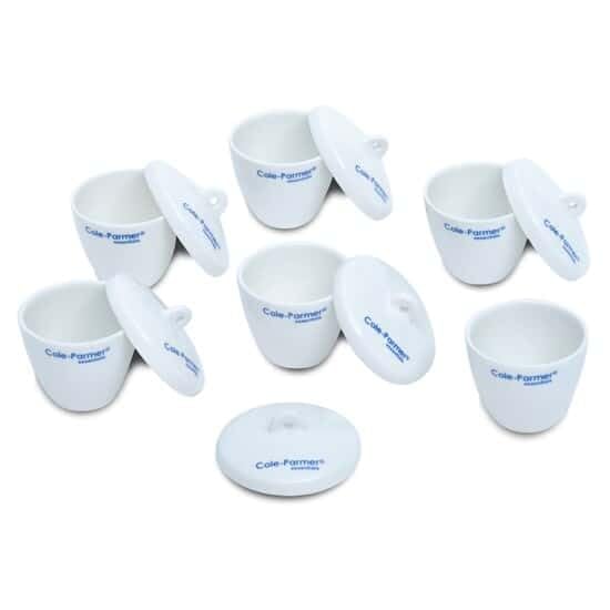 Cole-Parmer Tall-Form Crucible with Cover, Porcelain, 50 mL, 6/pk