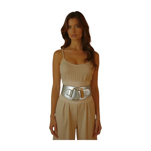 Women Elastic Fashion Faux Leather Belt Hip Waist Gold Metal Buckle Fits S M Metallic Silver Color2