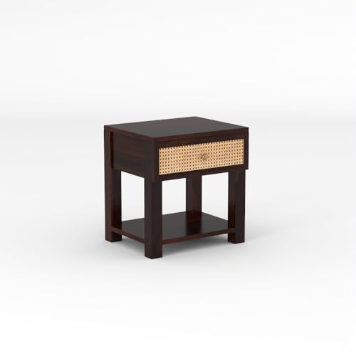 Image of Solid Sheesham Wood Bedside Table with Cane Rattan Drawer & Open Storage Shelf | Wooden Nightstand for Bedroom, Living Room & Guest Room (Walnut Finish)
