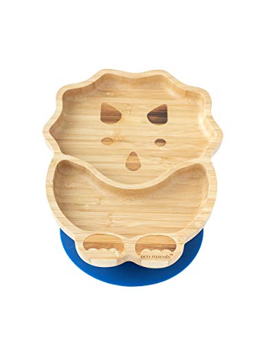 eco rascals Natural Bamboo Plates for Baby, Toddler, Kids - Dinosaur Shaped Suction Plate - Stay Put Wooden Feeding Plate for Weaning - Detachable Silicone Suction Base (Navy)