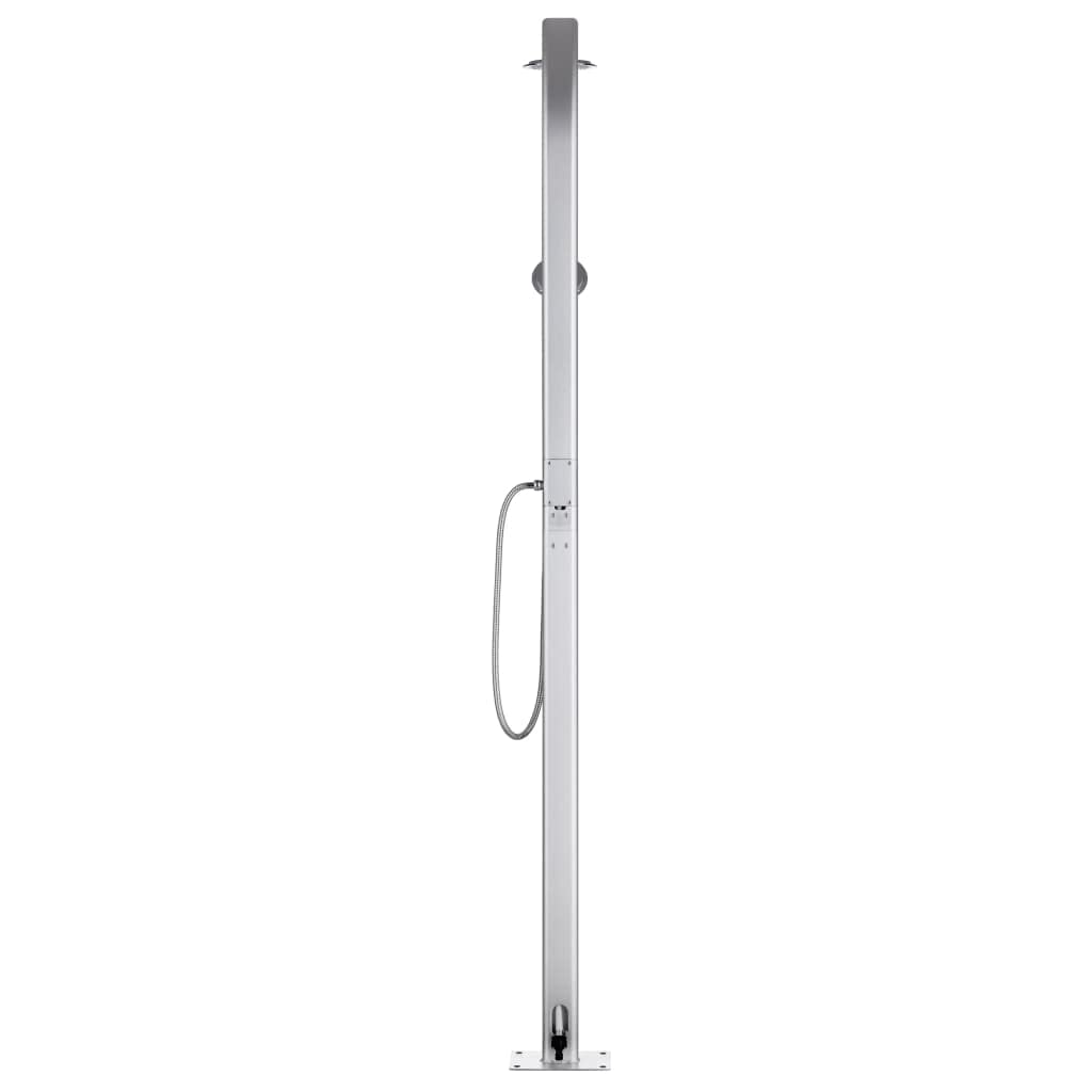 Mangloder - Doccia da giardino con piastra di base grigia in WPC, 220 cm, in alluminio, soffione da 15 cm e doccetta da 1,5 m, per piscina, idromassaggio, jacuzzi e giardino all'aperto in estate