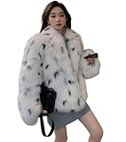 EDGBI Women Winter Leopard Lapel Short Overcoat Fuzzy Faux Fur Soft Warm Top for Outdoor Dating White C L