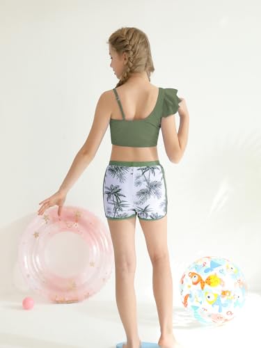 Image of ESHOO Girls Swimsuit 3 Piece Bathing Suit Ruffled Bikini Set with Shorts for Girls 9-16 Years Swimwear