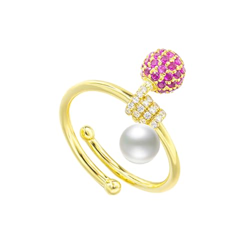 Freshwater Pearl Ring With Zircon Stone, S925 Silver Natural Freshwater Adjustable Open Circle Pearl Ring Bridesmaid Wedding Bride Handmade Jewelry Gifts for Women Everyday Wear
