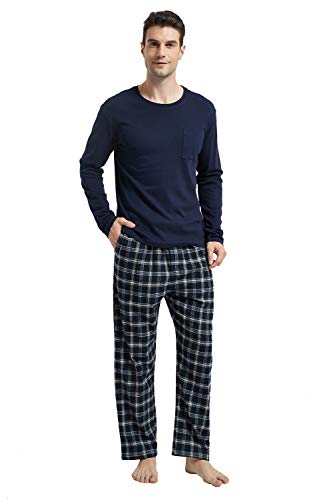 amaxer Men's Pajama Set 100% Cotton Flannel Plaid Pants Crew Neck Top Long Sleeves Pjs Elastic High Waist Sleepwear