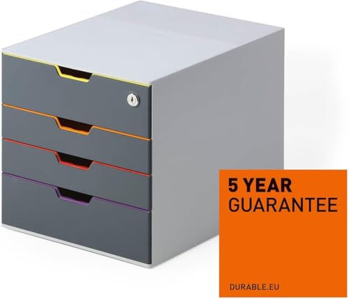 Durable 760627 Pojemnik Varicolor 4 Safe (z czterema kolorowymi szufladami, górna zamykana na zamek), wielokolorowy.