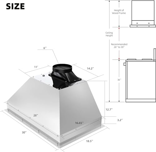 Image of BRANO Insert Range Hood, 900 CFM Built-in Kitchen Vent Hood with Voice, Gesture & Touch Control, 4-Speed Exhaust Fan, Memory Function, Adjustable LED Lights, Ducted /Ductless Convertible(30 Inch)