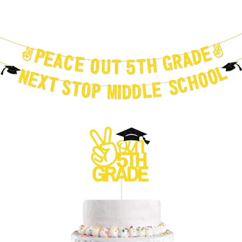 Peace Out 5th Grade Next Stop Middle School Banner Cake Topper, 5th Grade Graduation Decorations 2025, Boy Girl Kids Fifth Grade Graduation Party Decorations 2025