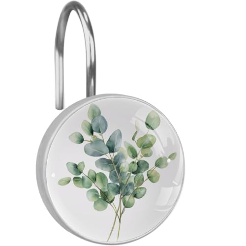 Sage Green Eucalyptus Bouquet Bathroom Shower Curtain Hooks, 12 Pcs Stainless Steel Shower Curtain Hooks Rings for Bathroom Shower Rods Curtains