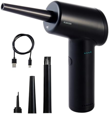 （05:00時点） エレコム 電動エアダスター 充電式 強力 逆さ噴射可能 3段階風量調整 49000rpm高速回転 最大風速28m/s LEDライト付き 3種類ノズル付き ADWALBB01BK