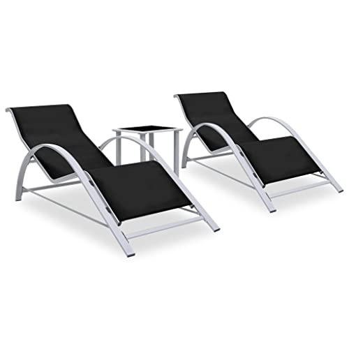 RuiNingRN Tumbonas de 2 piezas con mesa de aluminio negro resistente a la intemperie ajustables ergonómicas para jardín, terraza, balcón, piscina, camping al aire libre, con ruedas y protección solar