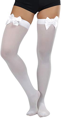 Image of ToBeInStyle Women's Opaque Long Thigh High Stockings w /Decorative Front Satin Bow