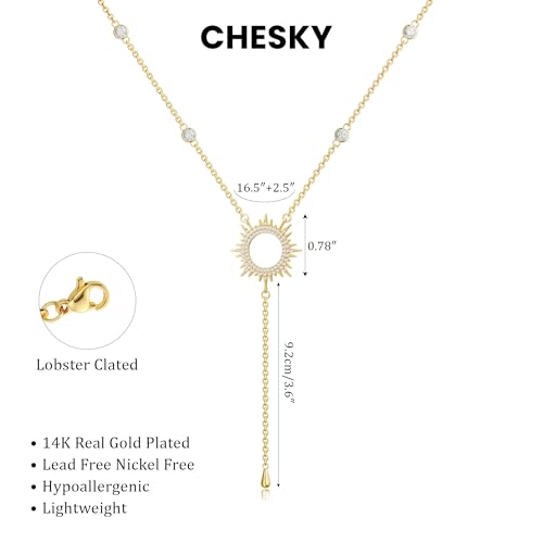 Image of CHESKY Long Necklaces for Women, 14k Gold Plated /Streling Silver Lariat Necklace Dainty Statement Prom Necklace Rosary Cross Sun Drop Pendant Dangle Necklace Gold Prom Jewelry for Women Gifts