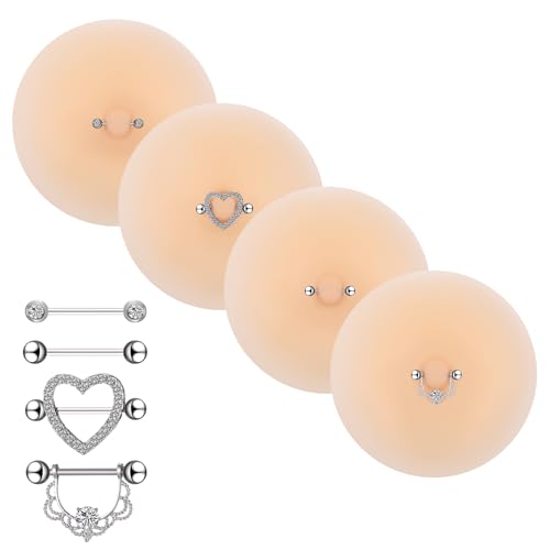 Image of Tondiamo 4 Pairs Silicone Nipple Covers with Piercing Diamond Adhesive Reusable Fake Nipple for Women With Piercing