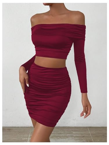 MakeMeChic Women's Two Piece Outfits Off Shoulder Crop Top and Ruched Slim Fitted Skirt Sets4