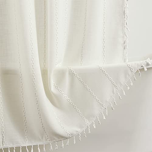 Roomtalks Cream White Boho Shower Curtain Set - Premium Quality Heavy Duty Cotton Linen Modern Farmhouse Shabby Chic Shower Curtain Bohemian Cottage Bathroom Decor, Waterproof & Washable #TOP4