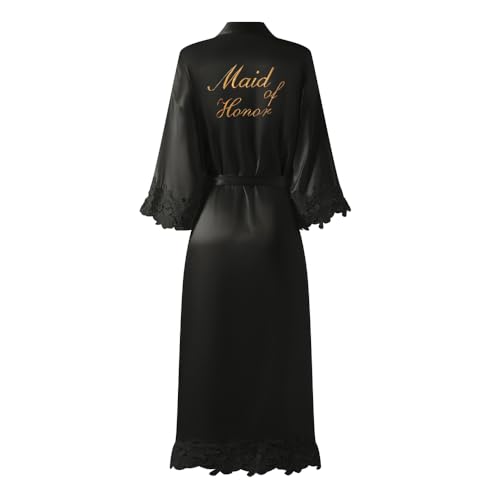 Image of Women's Long Bride Bridesmaid Robes with Lace Trim Embroidery Bridal Silky Satin Kimono Wedding Party Bathrobe