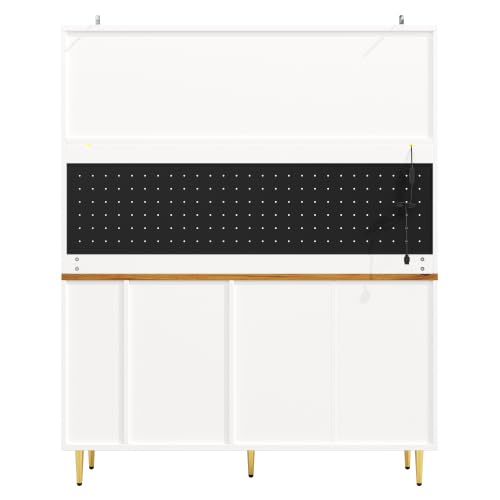 vutizal Armario alto para salón con iluminación LED, sistema de estantería regulable en altura, puertas correderas de cristal, solución de almacenamiento modular, armario con botellero, blanco, 145 ×