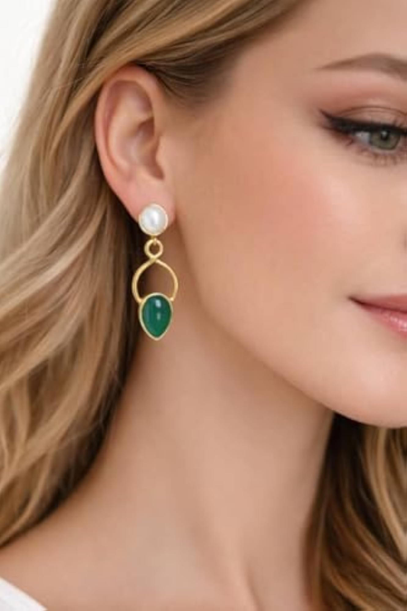 Gold Plated Drop Earrings with White Pearl Stud and Green Onyx Dangle