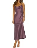 Mogidol Summer Satin Spaghetti Strap Cowl Neck Backless Midi Dresses for Women Elegant Tie Low Back Ruched Cocktail Dress Grape