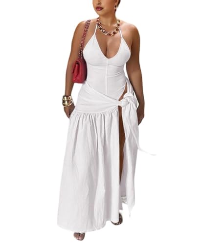 Image of Two Piece Skirt Set Women Sexy Halter Backless Bodysuit and Wrap Tied High Split Summer Maxi Skirt Set