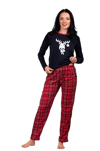 HEYO Schlafanzug Damen Lang Pyjama 100% Baumwolle Zweiteiliges Set Langarm Shirt Lange Karierte Pyjamahose Weihnachtspyjama (DE/NL/SE/PL,...