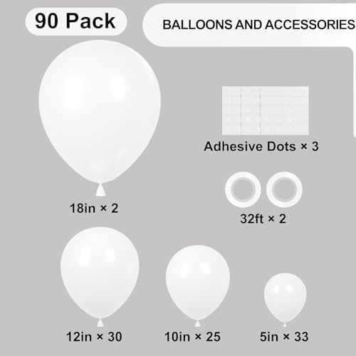 Image of Voircoloria 90pack White Balloons Different Size 18 /12 /10 /5 Inch Pearl White Balloon Garland Arch Kit for Wedding, Birthday, Graduation, Bridal Shower, Baby Shower, Bachelorette Decorations