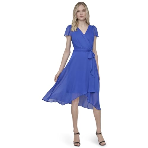 Image of DKNY Women's Flutter Sleeve Surplice Tie Fit & Flare Midi Dress