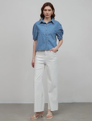 Denim Shirt Women Puff Sleeve Cropped Button Down Jean Tops Summer Business Casual Tops3