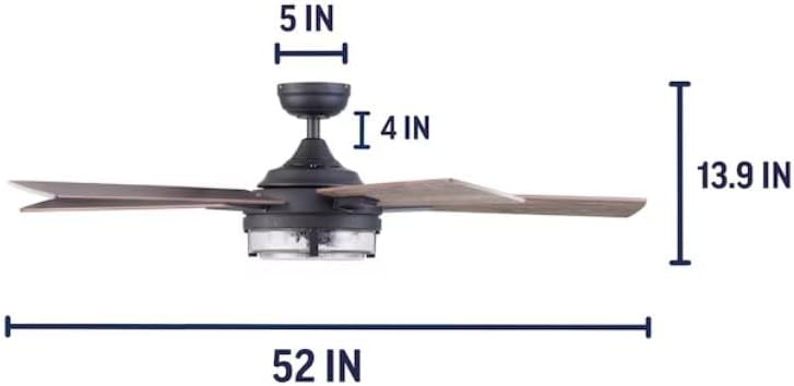 Diagram showing the dimensions of the 52-inch ceiling fan: 52 inches wide, 13.9 inches high, with a 4-inch downrod and 5-inch canopy.