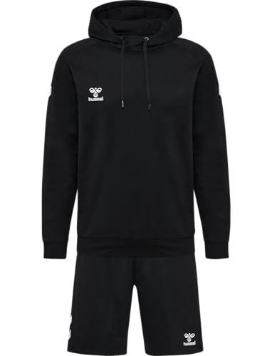 hummel Mover Cotton Hoodie Set - Unisex Kapuzenpullover mit Vordertasche und shorts mit Kordelzug, angenehme Baumwolle Qualität, Casual Training & Sportbekleidung, Schwarz (1er Pack)