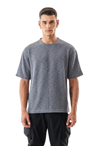 Image of SNITCH Men's T-Shirt | Textured Oversized Crew Neck Design | Premium Polyester Blend Fabric with Waffle Weave | Breathable & Lightweight Casual Wear