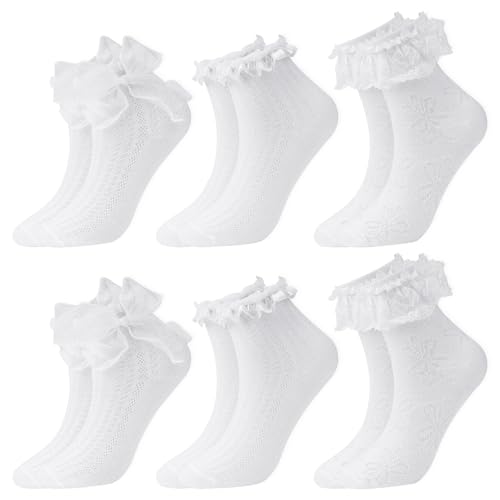 Leikedun 6 Paar Damen Rüschen Socken Spitzensocken für Damen Rüschen Söckchen Spitze mit Böge Atmungsaktive Baumwolle Knöchelsocken Ballettsocken Elegante Süße Prinzessin Socken Weiß