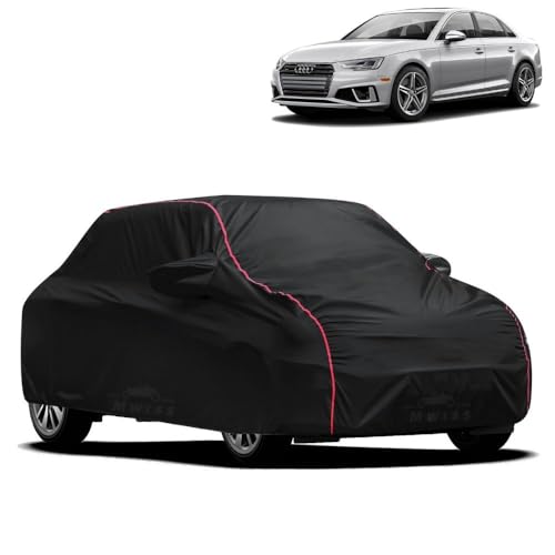 Image of Waterproof Car Cover for Audi S4 | All-Weather Protection, Dustproof & UV Resistant | Triple Stitched Mirror Pockets, Windproof Buckle Strap with Elastic Hem, Black-Red Piping