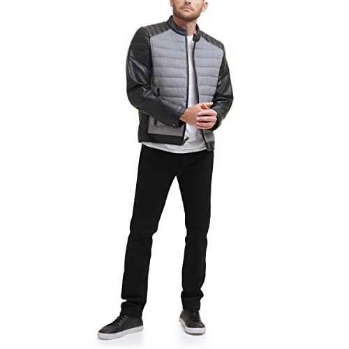 Image of DKNY Men's Mixed Media Faux Leather Puffer Motocross Racer Jacket