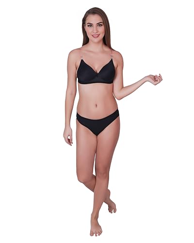 Image of UNITRUST Premium Lycra Transparent Strap Padded Bra with Matching Panty Set Designer Ultra Soft Lingerie Set for Women