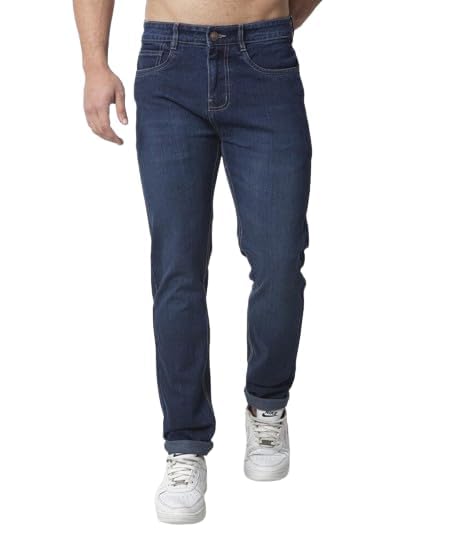 Image of Men Dark viskared Tinted Washed Blue Mid Rise Slim Tapered Stretchable Jeans (152103)
