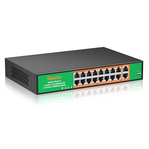 Image of 16 Port PoE Switch, 16 PoE+ 100Mbps Ports with 2 Gigabit Uplink, 300W Built-in Power, Support IEEE802.3af /at, Fanless, Rack Mount, Unmanaged Plug and Play Network Switch