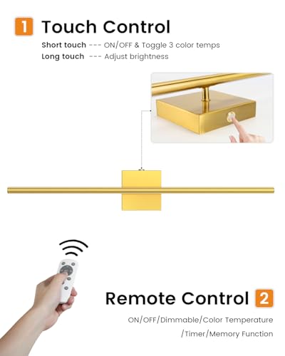 Image of VOLISUN 7800mAH Battery Operated Wall Sconces Set of Two, Rechargeable Wall Sconces with Remote, 3000K-6500K Dimmable Wireless Wall Lamp, 28'' Wireless Wall Lights for Bedroom, Living Room(Gold)