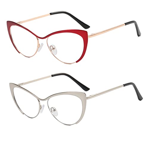 Image of 2Pack Cat Eye Reading Glasses For Women Metal Frame Blue Light Blocking Computer Readers (red /silver, 2.25, multiplier x)