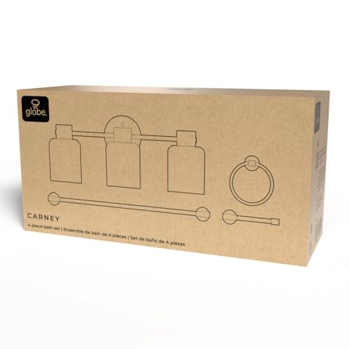 Image of Globe Electric 4-Piece All-in-One Bathroom Set, Matte Black, 3-Light Vanity Light with Frosted Glass Shades, Towel Bar, Toilet Paper Holder, Towel Ring