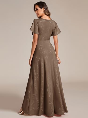 Ever-Pretty Women's Glitter High Low Ruffled Hem V-Neck Formal Dress with Sleeves 017382