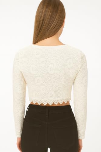 Image of ICW Women Long-Sleeves Round Neck Mesh Floral Flocking Crop Top T-Shirt DN8866