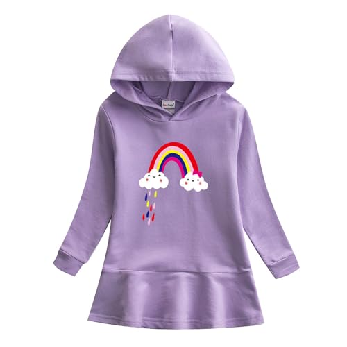 Baby Girl Cute Rainbow Hooded Dress Toddler Loose Fall Winter Long Sleeve Ruffle Cotton Dresses for 2-9 Years